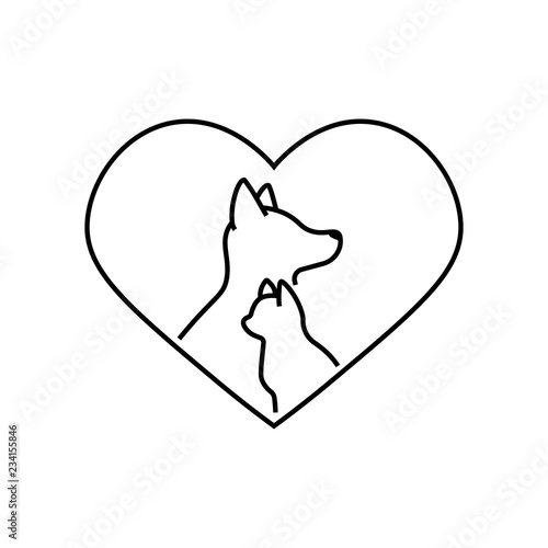 Donation for pets linear icon. Animals welfare. Thin line illustration. Heart with cat and dog snouts inside. Contour symbol. Vector isolated outline drawing.