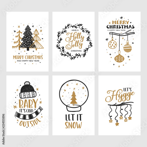 Merry Christmas and Happy New Year cards set. Vector vintage illustration.
