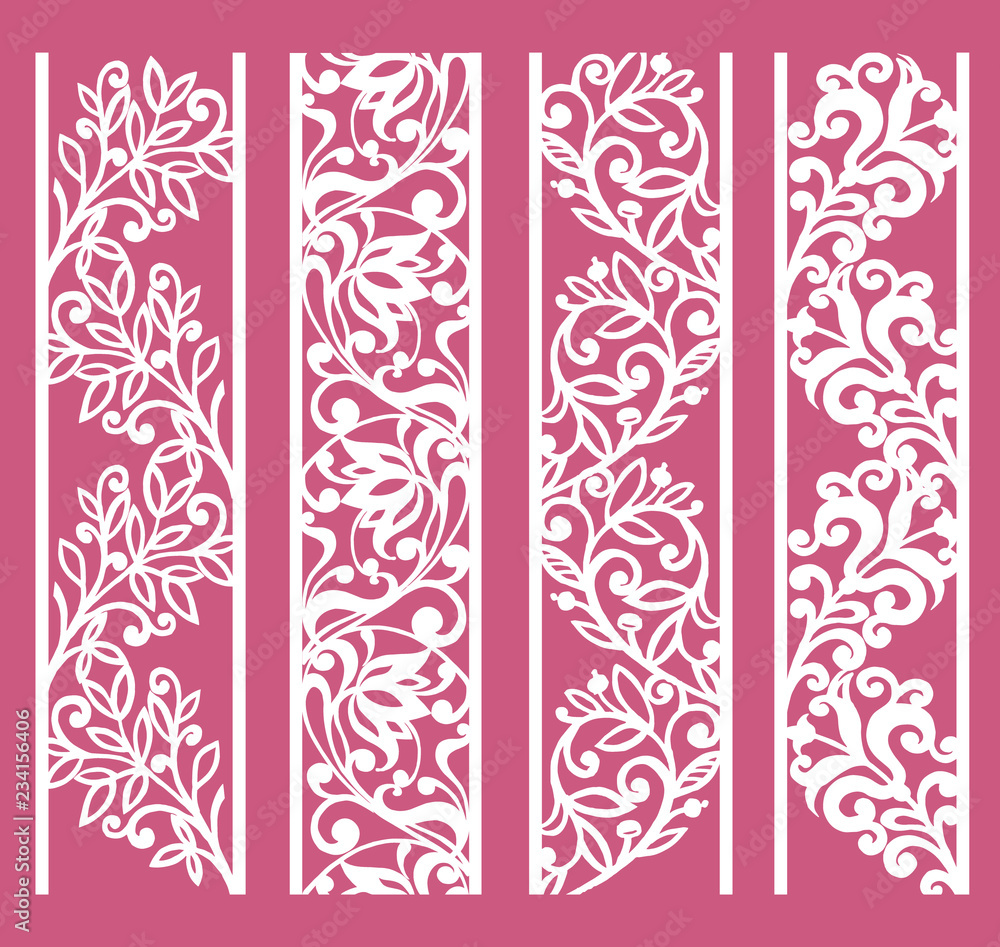 Ornamental panels with floral pattern. Flowers and leaves. Laser cut decorative lace borders patterns.