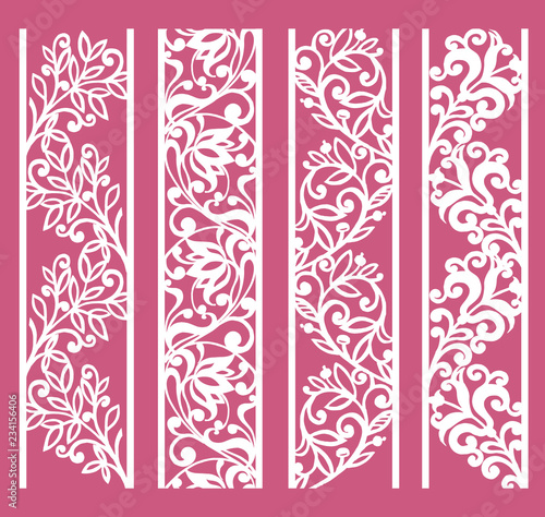 Ornamental panels with floral pattern. Flowers and leaves. Laser cut decorative lace borders patterns.