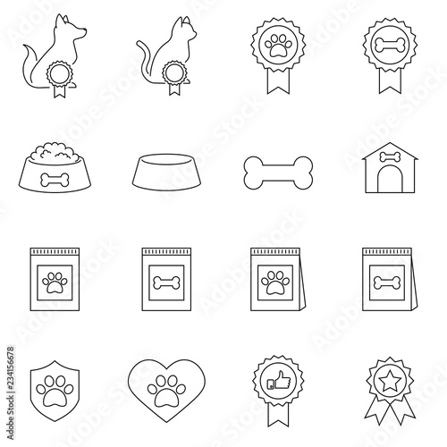 Pets icons. The sign of a dog paw. Pets. Chat, award medals and report linear badges. Dog bone and doghouse. Vector