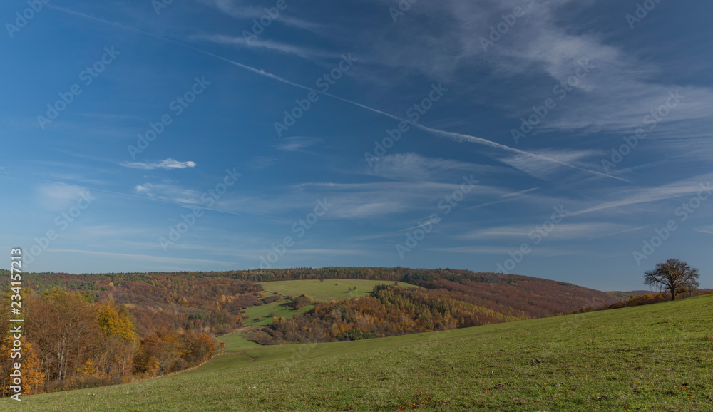 Meadows and forest over Pitin town in Moravia region