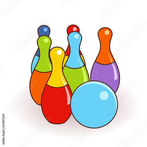 Bowling pins and one ball illustration isolated with clean flat design. Kids toys illustration.