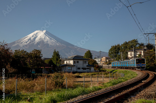 Yamanashi , Japan 18 Nov 2018-Fujikyu Railway to Kawaguchiko Station with Mt.fuji