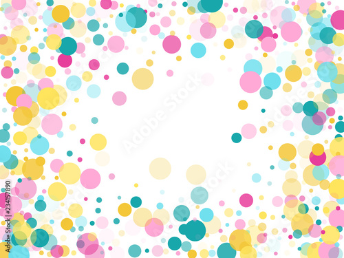 Memphis round confetti festive background in cyan blue, pink and yellow. Childish pattern vector.