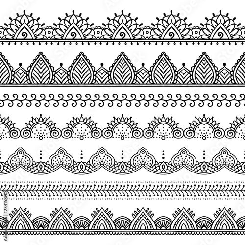 Seamless lace borders set. Design elements can be used for application of Henna tattoo, washi tapes, wrapping paper. Ethnic pattern in Mehndi, Indian, oriental style. Hand drawn doodle illustration.