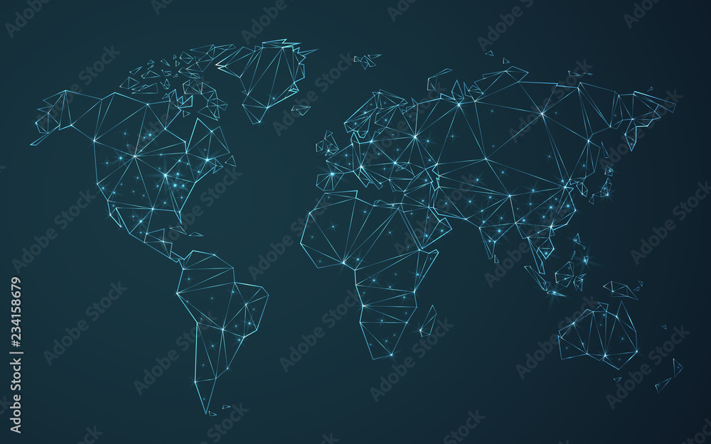 Obraz premium Polygonal world map vector simplified to triangular lines with stars on blue background.