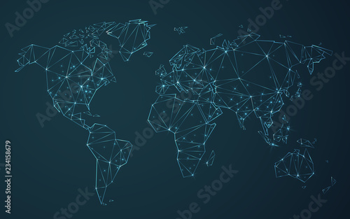 Polygonal world map vector simplified to triangular lines with stars on blue background. photo