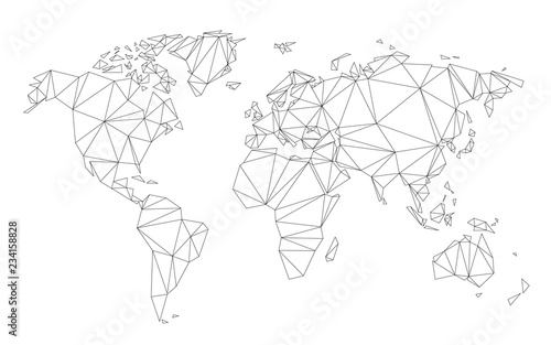 Polygonal world map vector simplified to triangular lines on white background.
