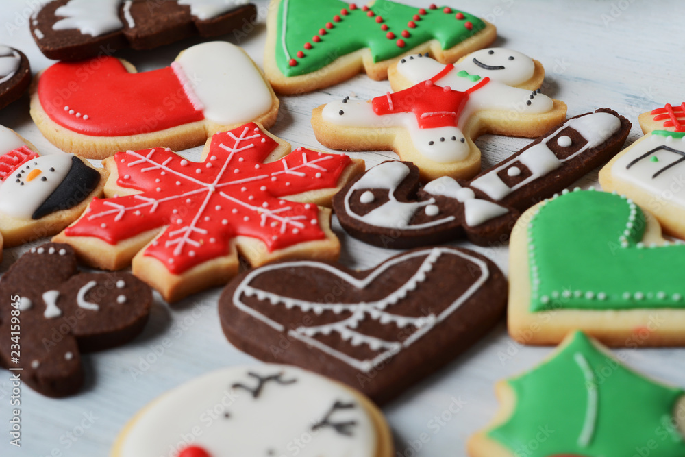 Close up view of colorful christmas cookies