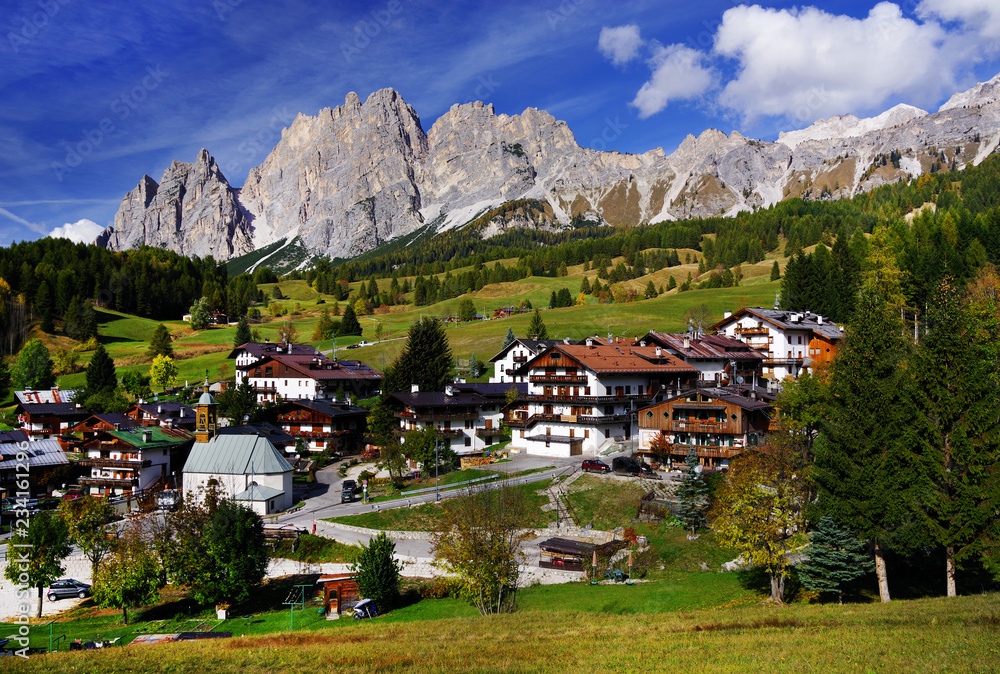 Panoramic view of Cortina d'Ampezzo in autumn colours, also known as the Pearl of the Dolomites, Italy, Europe