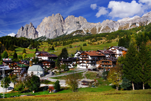 Panoramic view of Cortina d'Ampezzo in autumn colours, also known as the Pearl of the Dolomites, Italy, Europe photo
