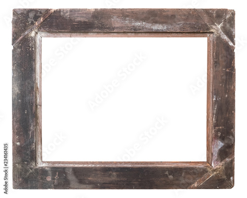 back side of aged blank wooden photo frame isolated on white background