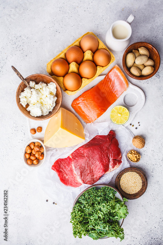 Balanced diet food background. Protein foods: fish, meat, eggs, cheese, quinoa, nuts on white background.