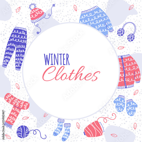Template with winter knitted clothes. Collection with pant, socks,sweater, hat, mittens. photo