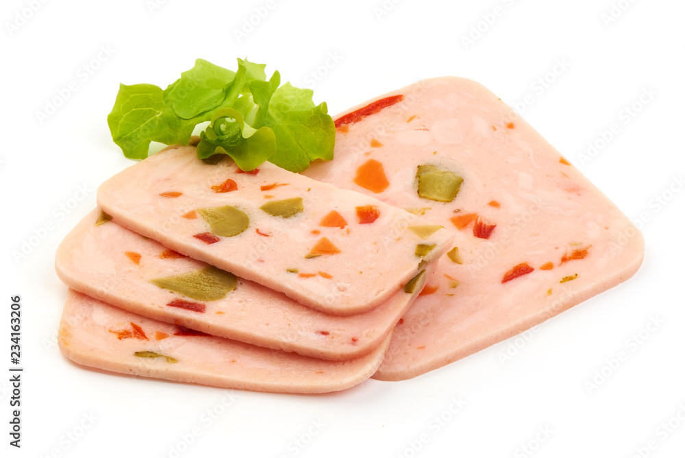 Thinly Sliced boiled ham sausage with lettuce, isolated on a white background. Close-up.