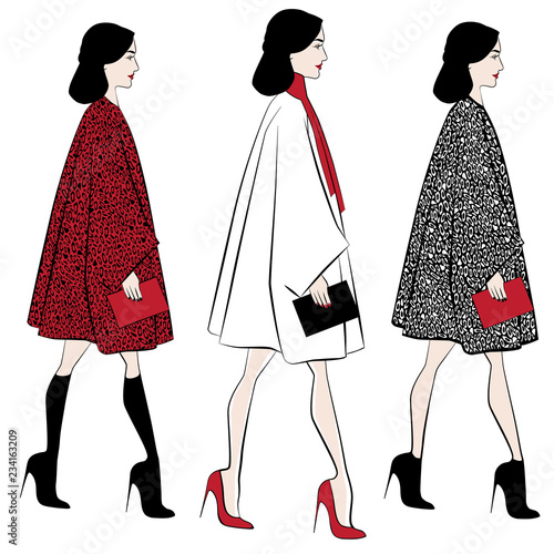 Set of 3 women wearing trendy winter coat in different styles. Fashion sketch. Two coats with leopard print. Different shoes. Vector illustration.