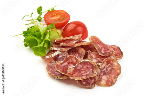 Jerked Sausages from pork with lettuce and tomatoes, isolated on a white background. Close-up