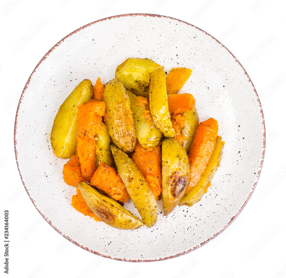 Healthy vegetarian diet food, baked vegetables, pumpkin and potatoes