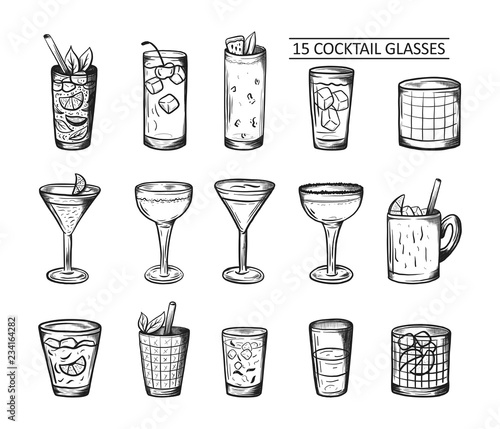 Alcoholic drinks set. Glass of cocktails. Isolated black and white vintage engraving. Sketch art style. Hand draw. Vector illustration