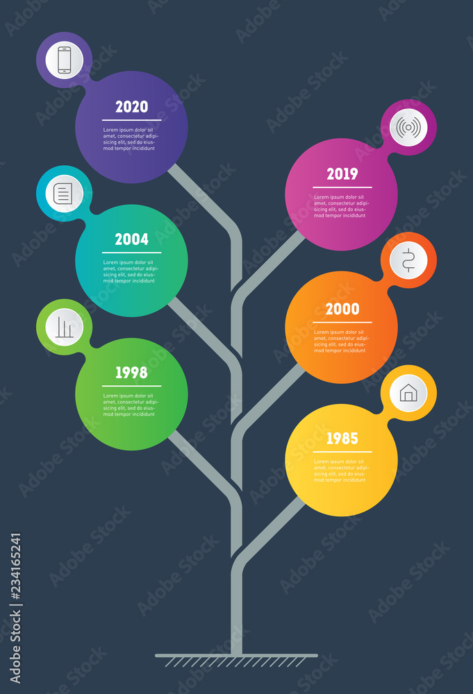 Vertical infographics. Tree of development and growth of the business. Info graphic with six parts. Business presentation or Timeline concept with 6 options, steps or processes. Vertical infographics. Tree of development and growth of the business. Info graphic with six parts. Business presentation or Timeline concept with 6 options, steps or processes.