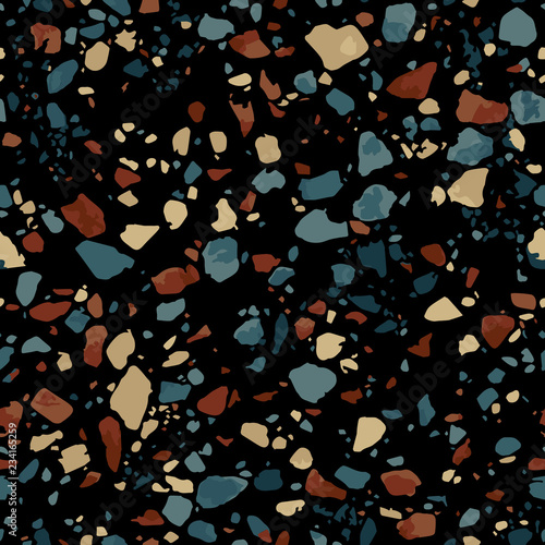 Dark terrazzo flooring texture. Vector seamless pattern of mosaic floor surface with natural stones, pebbles, granite, marble, limestone. Trendy background in dark colors, green, brown, gold, black