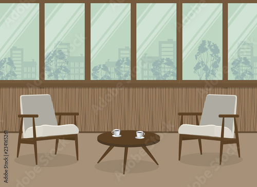 Two white armchairs and a coffee table on a window background. Interior of balcony-loggia with wooden walls. Vector illustration