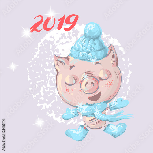 Cute little cartoon baby pig in winter clothes Christmas and new year illustration
