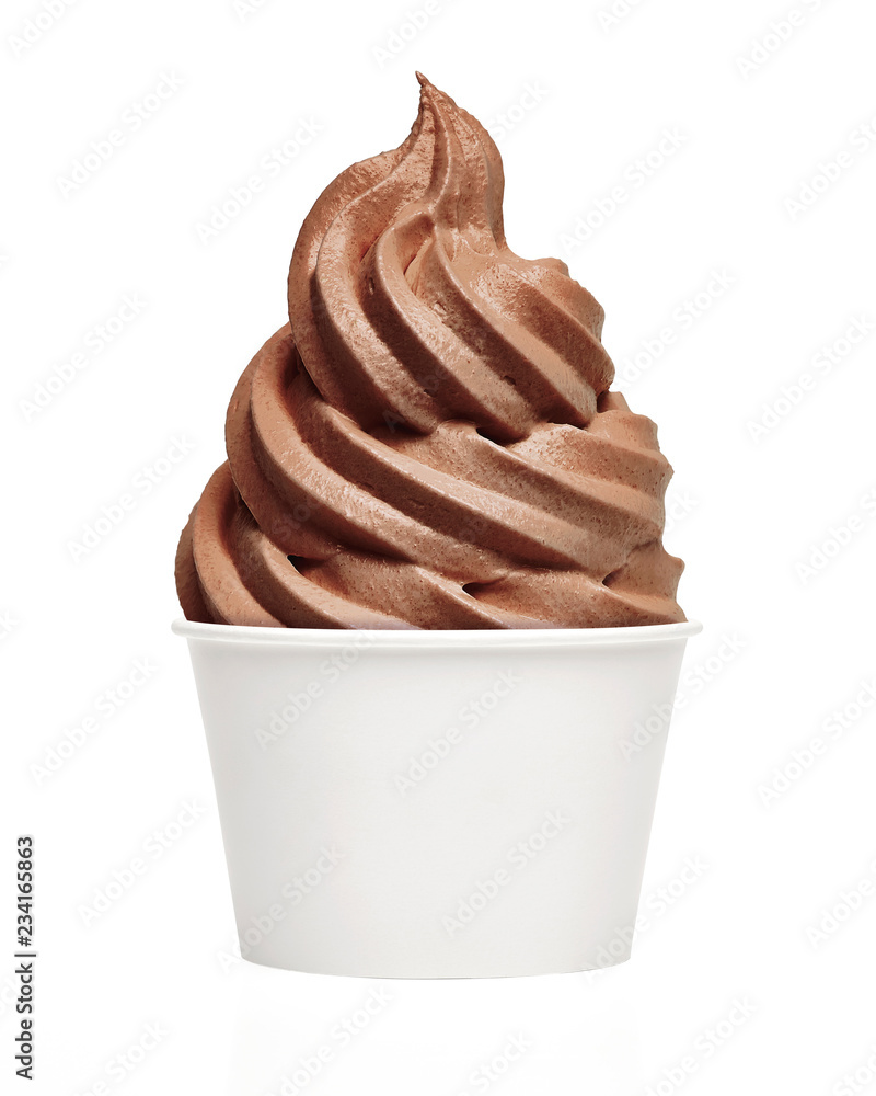 Soft chocolate ice cream or frozen yogurt in white blank takeaway paper