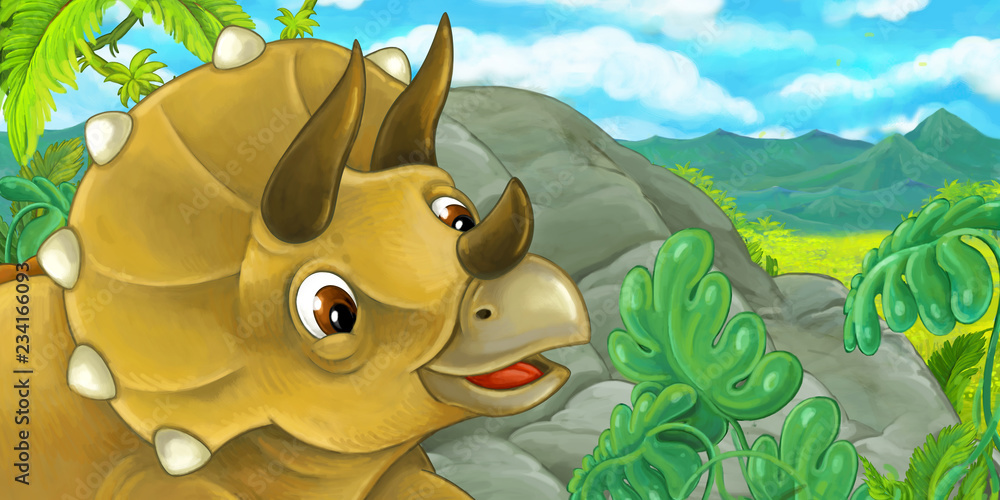 Fototapeta Scena kreskówki z triceratops chowając się za skałą - ilustracja dla dzieci