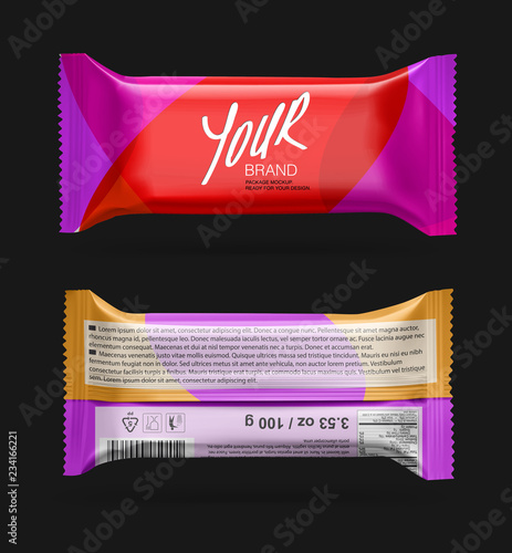 Realistic blank mockup of flow pack. Front and rear view. Vector illustration, ready and simple to use for your design. Quickly allow you to present your idea or the finished product. EPS10.
