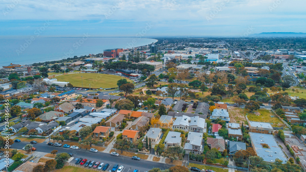 Aerial view of coastal living quarters on Mornington Peninsula, Victoria, Australia