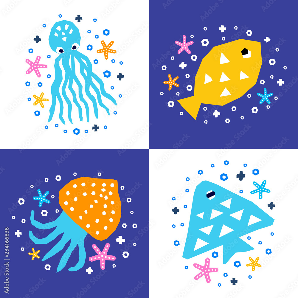 Cutout marine style kids design element paper flyer card set. Vector funny cartoon ocean fish, jellyfish, octopus doodle background. Maritime backdrop. Child graphic sea posters