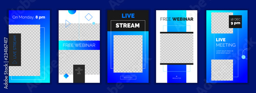Modern gradient Instagram stories template, for blog and business, web online streaming banner concept.Minimalistic geometric trendy webinar app screens, ready to use button Register