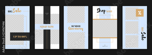 Modern flat Instagram stories template, for blog and sales, web online shopping banner concept.Minimalistic geometric trendy sale app screens, ready to use button Shop Now