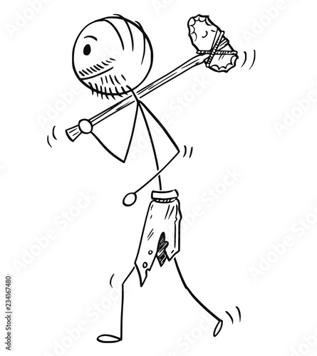Cartoon stick drawing conceptual illustration of prehistoric man or caveman walking with stone axe or ax.