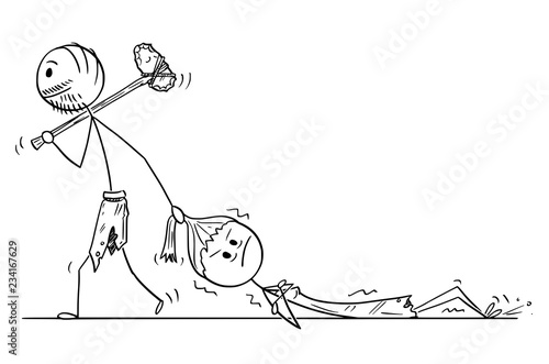 Cartoon stick drawing conceptual illustration of prehistoric man or caveman dragging woman as contemporary relationship metaphor.