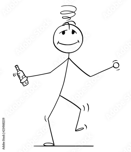 Cartoon stick drawing conceptual illustration of drunk man walking or dancing with bottle in hand.