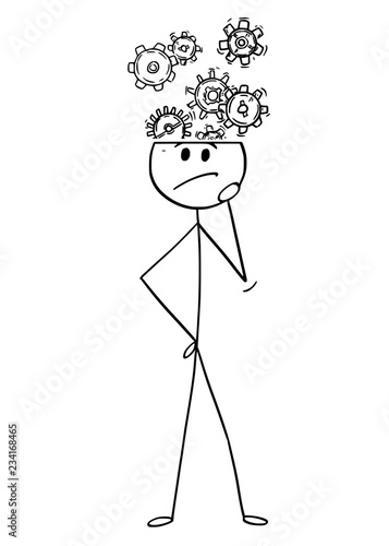 Cartoon stick drawing conceptual illustration of man or businessman thinking and solving a problem. Cog or gear wheels are coming from his head.
