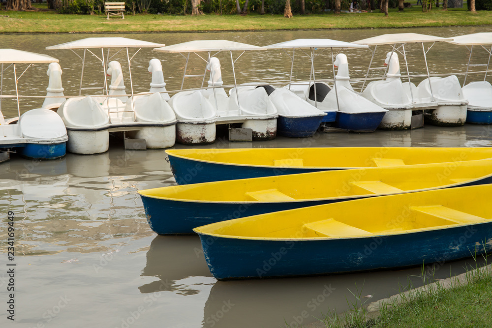 Row of Swan Boats Style and Two Rowboats Floating