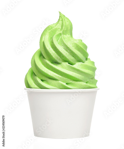 Soft mint ice cream or frozen yogurt in white blank takeaway paper cup isolated on white background