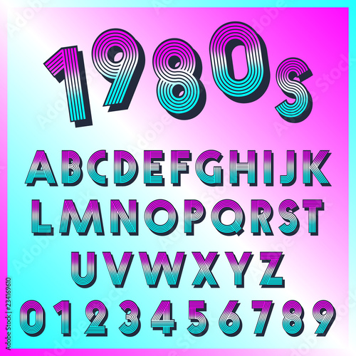 80s retro font template. Set of letters and numbers lines vintage design