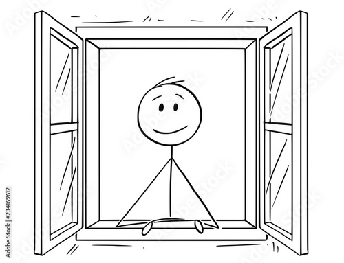 Cartoon stick drawing conceptual illustration of man looking through open window.
