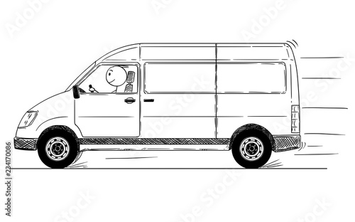 Cartoon stick drawing conceptual illustration of fast driving generic delivery van.