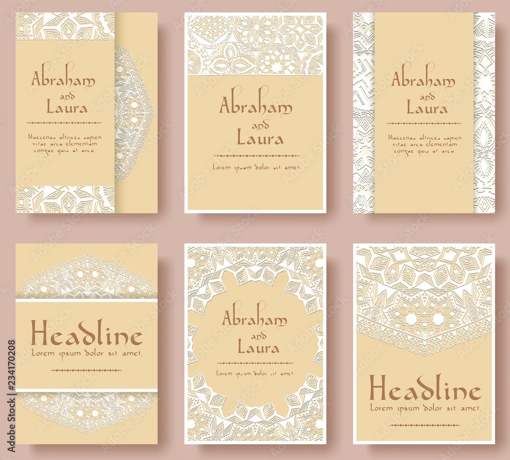 Set of wedding flyer pages ornament illustration concept. Vintage art traditional, Islam, arabic, indian, ottoman motifs, elements. Vector decorative retro greeting card or invitation design. 
