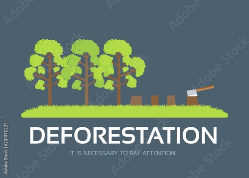 issue deforestation in flat design background concept. Ecological natural problem. Icons for your product or illustration.