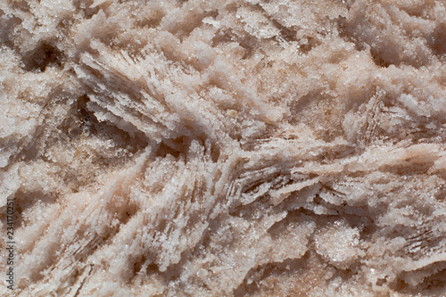 Natural pink salt crystal texture on the sand, macro, close up, lamellar structure. Salty lake shore background, Spain, Torrevieja.