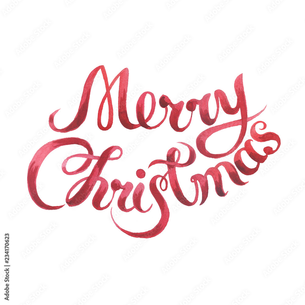 Merry Christmas  calligraphy lettering sign on watercolor white background