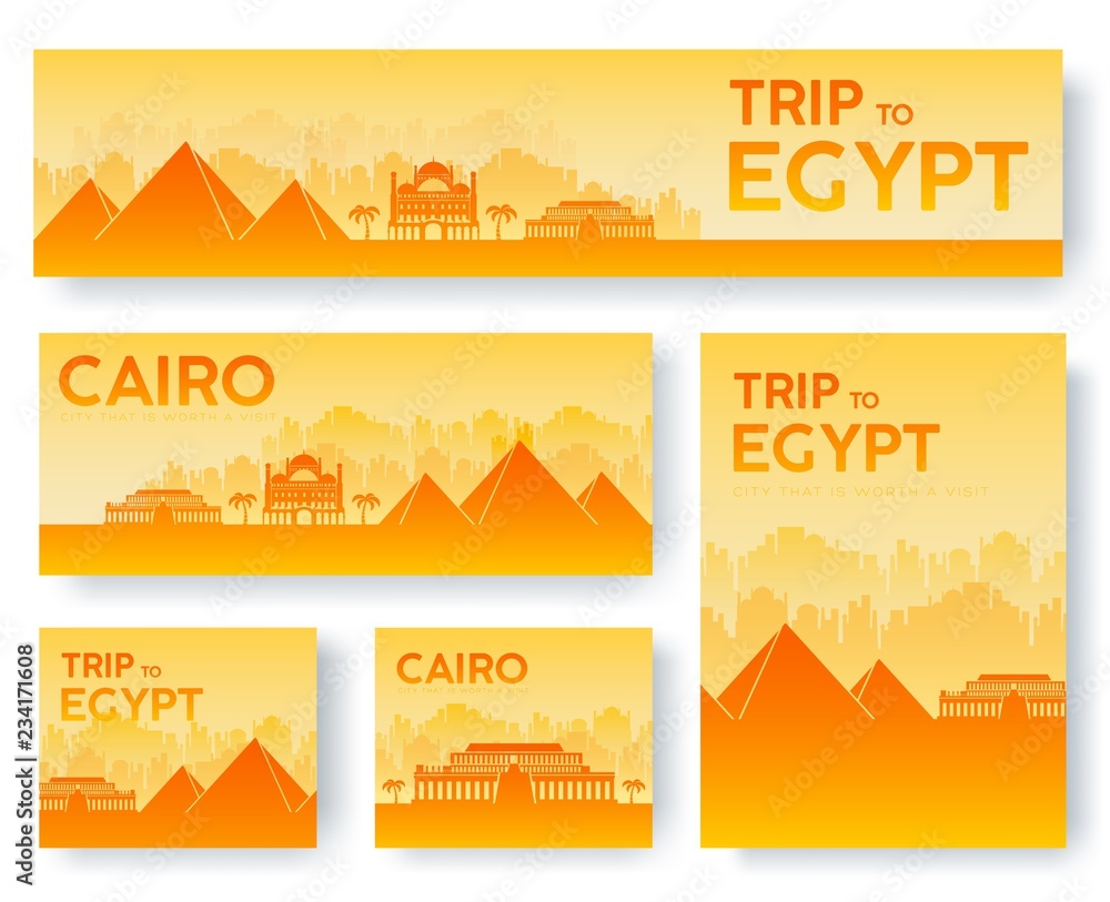 Set of Egypt landscape country ornament travel tour concept. Culture traditional, flyer, magazine, book, poster, abstract, element. Vector decorative ethnic greeting card or invitation design