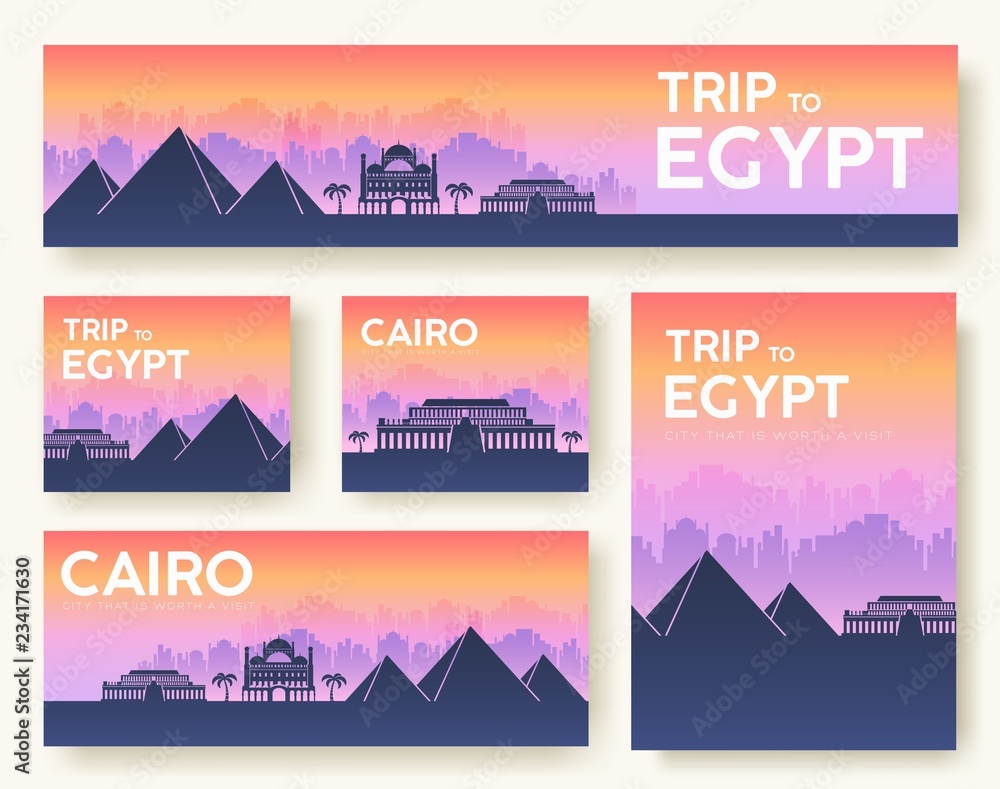 Set of Egypt landscape country ornament travel tour concept. Culture traditional, flyer, magazine, book, poster, abstract, element. Vector decorative ethnic greeting card or invitation design